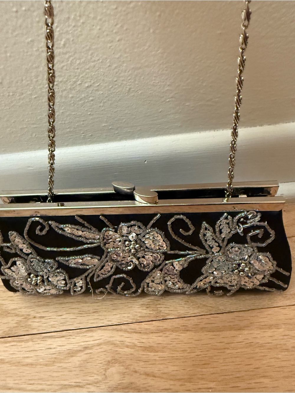 Beaded Black Evening Clutch with Silver Sequin Floral Detail